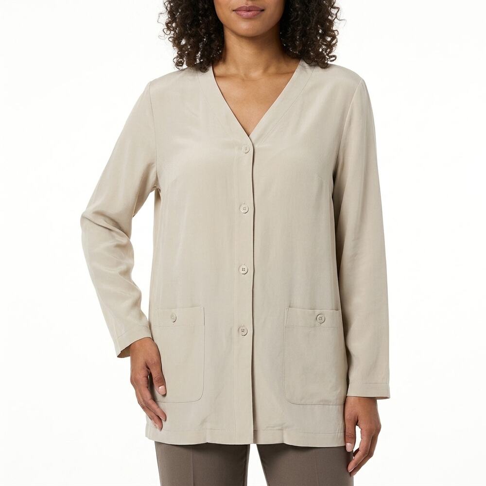 Due Per Due 100% Silk Beige V-Neck Button-Up Shirt Jacket Women Size 22